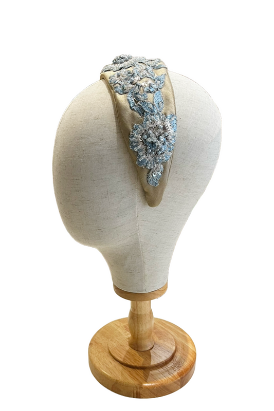 Cerchietto per capelli ricamato/perline- Azzurro
