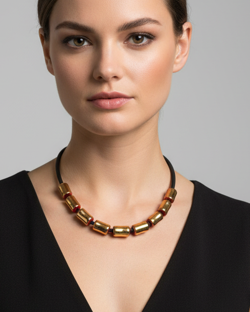 Girocollo in ceramica - cilindretti oro e rosso