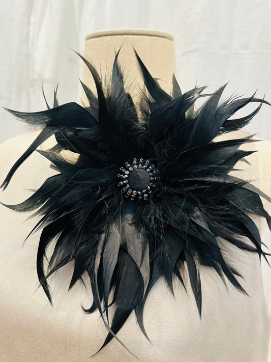 Spilla in piume vere/ bottone- nera-mod 2