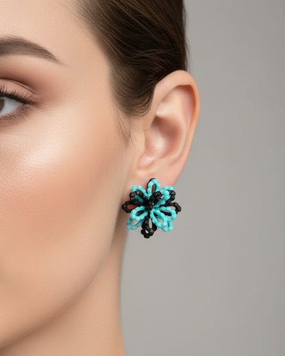 Black and light blue vintage floral earring