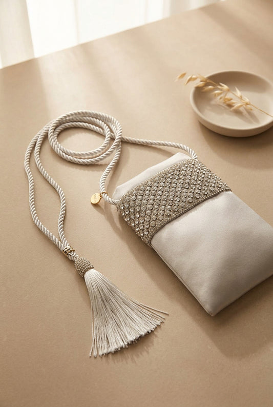 Porta cellulare beige ricamato