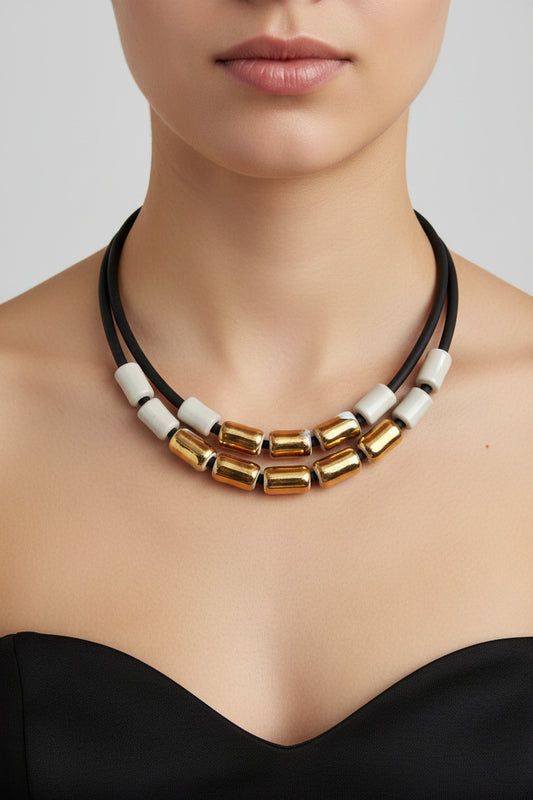 Doppio girocollo in ceramica - cilindretti oro e champagne