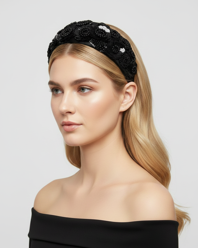 Hand-Embroidered and Beaded Headband - Black