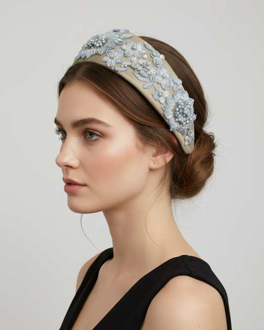 Cerchietto per capelli ricamato/perline- Azzurro