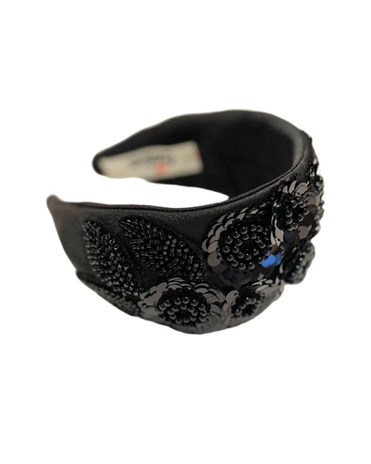 Hand-Embroidered and Beaded Headband - Black