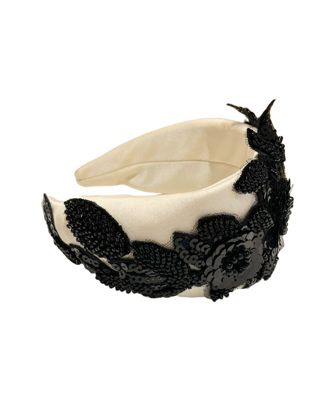 Hand-embroidered and beaded headband - Cream