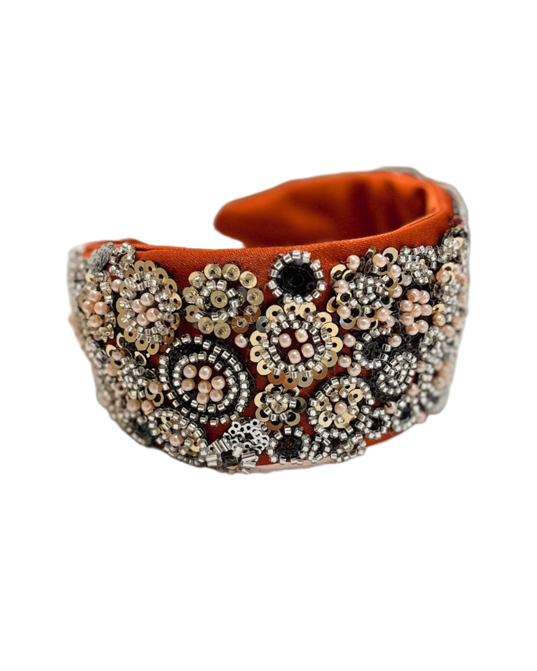 Hand-Embroidered and Beaded Headband - Orange