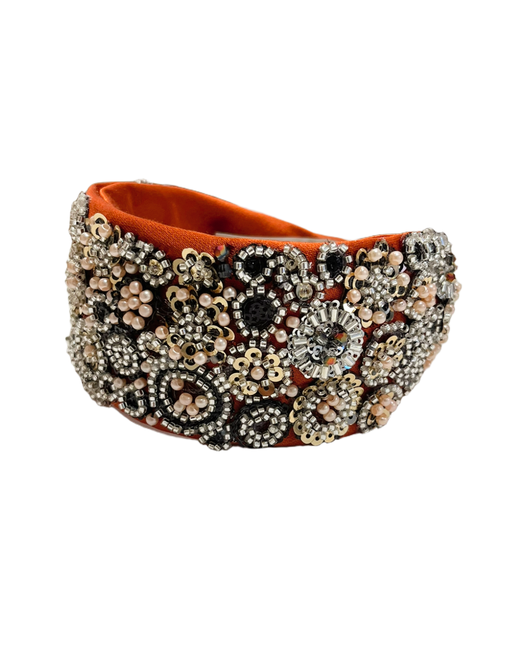 Hand-Embroidered and Beaded Headband - Orange