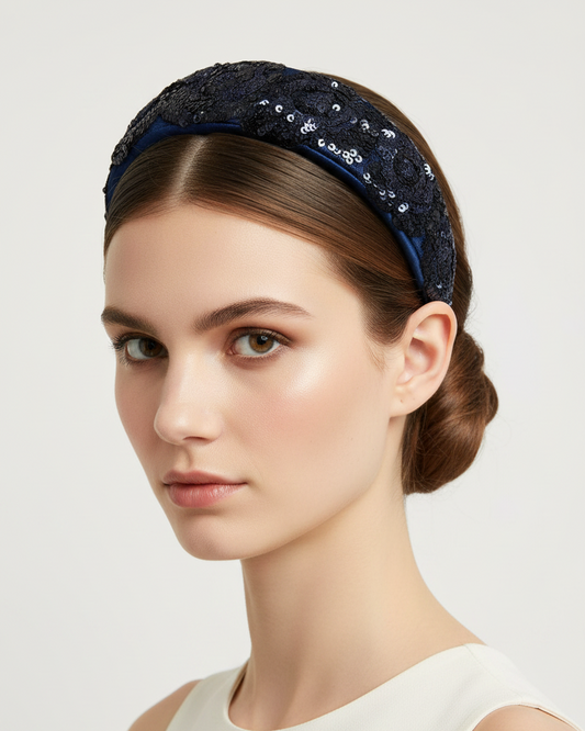 Cerchietto per capelli ricamato/pailletes- Blue